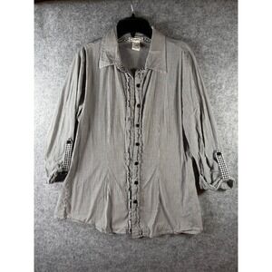 6 Degrees Womens Striped Ruffle Button Down Shirt Roll Tab Sleeve Black White L